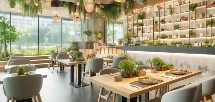 Modern and stylish interior of a health-conscious restaurant featuring eco-friendly decor and a serene dining atmosphere