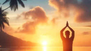 A peaceful morning scene, showcasing a person practicing yoga during sunrise, symbolizing a productive start to the day with a balanced morning routine.