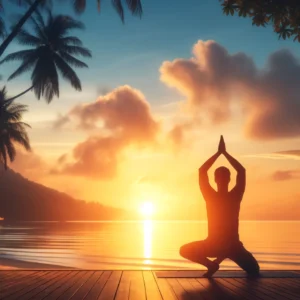 A peaceful morning scene, showcasing a person practicing yoga during sunrise, symbolizing a productive start to the day with a balanced morning routine.