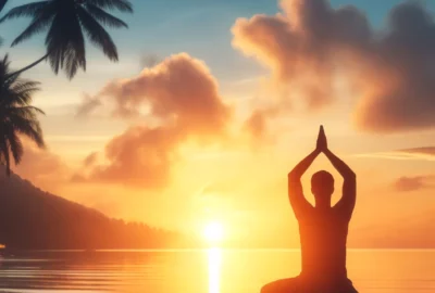 A peaceful morning scene, showcasing a person practicing yoga during sunrise, symbolizing a productive start to the day with a balanced morning routine.
