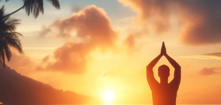 A peaceful morning scene, showcasing a person practicing yoga during sunrise, symbolizing a productive start to the day with a balanced morning routine.