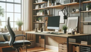 A well-organized and comfortable home office setup with ergonomic furniture and ample natural lighting.