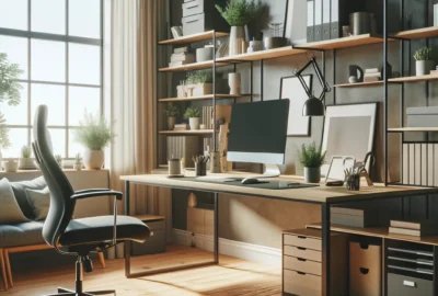 A well-organized and comfortable home office setup with ergonomic furniture and ample natural lighting.
