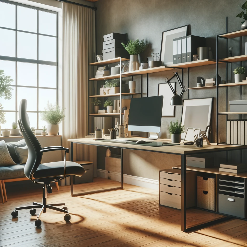 A well-organized and comfortable home office setup with ergonomic furniture and ample natural lighting.