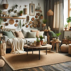 A cozy, stylish living room featuring DIY home decor projects like upcycled furniture and handmade plant holders, reflecting a modern and eco-friendly aesthetic.