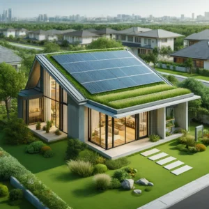Modern household implementing sustainable living tips with solar panels, energy-efficient lighting, and green technology.