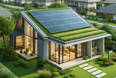 Modern household implementing sustainable living tips with solar panels, energy-efficient lighting, and green technology.