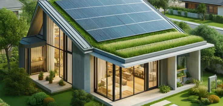 Modern household implementing sustainable living tips with solar panels, energy-efficient lighting, and green technology.