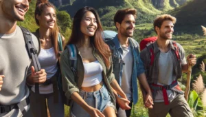 A group of friends hiking on a mountain trail, enjoying the scenic view during their outdoor adventure.