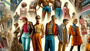 A dynamic collage representing the top fashion trends for 2024, featuring retro-inspired outfits with modern twists, sustainable fabrics, and vibrant color palettes.