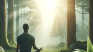 A serene image of a person meditating in a peaceful natural setting, symbolizing mindfulness and balance.