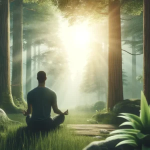 A serene image of a person meditating in a peaceful natural setting, symbolizing mindfulness and balance.