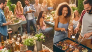 A lively backyard barbecue with guests enjoying grilled food and socializing in a beautifully decorated garden setting.