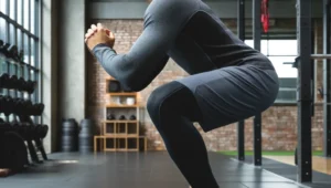 A person performing a squat, demonstrating proper form for a full-body workout.