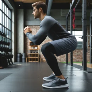 A person performing a squat, demonstrating proper form for a full-body workout.