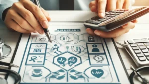 An individual reviewing health insurance documents with a calculator and medical icons, symbolizing the process of selecting the best health insurance plan.