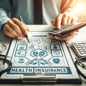 An individual reviewing health insurance documents with a calculator and medical icons, symbolizing the process of selecting the best health insurance plan.
