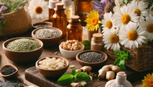 Herbal ingredients and remedies laid out on a table, highlighting natural treatments like ginger, chamomile, and echinacea.