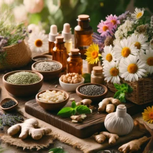 Herbal ingredients and remedies laid out on a table, highlighting natural treatments like ginger, chamomile, and echinacea.