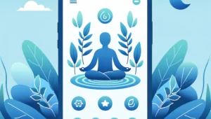Illustration of a serene and calming mobile app interface designed for stress management, featuring soothing colors and simple navigation elements.