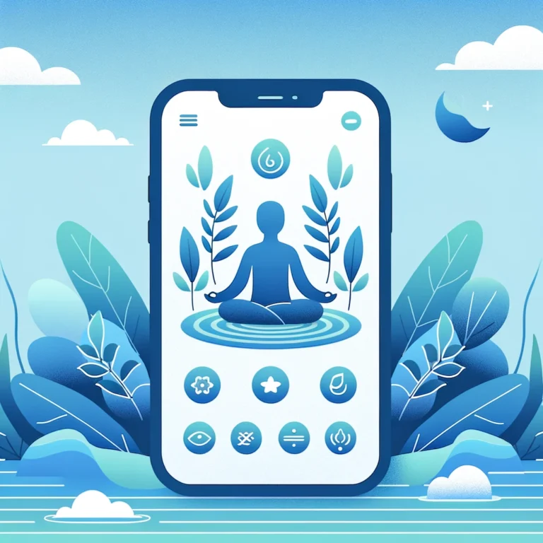 Illustration of a serene and calming mobile app interface designed for stress management, featuring soothing colors and simple navigation elements.