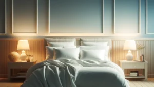 A peaceful bedroom with a comfortable bed and soothing lighting, designed to promote optimal sleep.