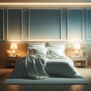 A peaceful bedroom with a comfortable bed and soothing lighting, designed to promote optimal sleep.