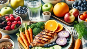 A well-balanced meal rich in essential vitamins and minerals for boosting the immune system, featuring colorful fruits, vegetables, and healthy proteins.