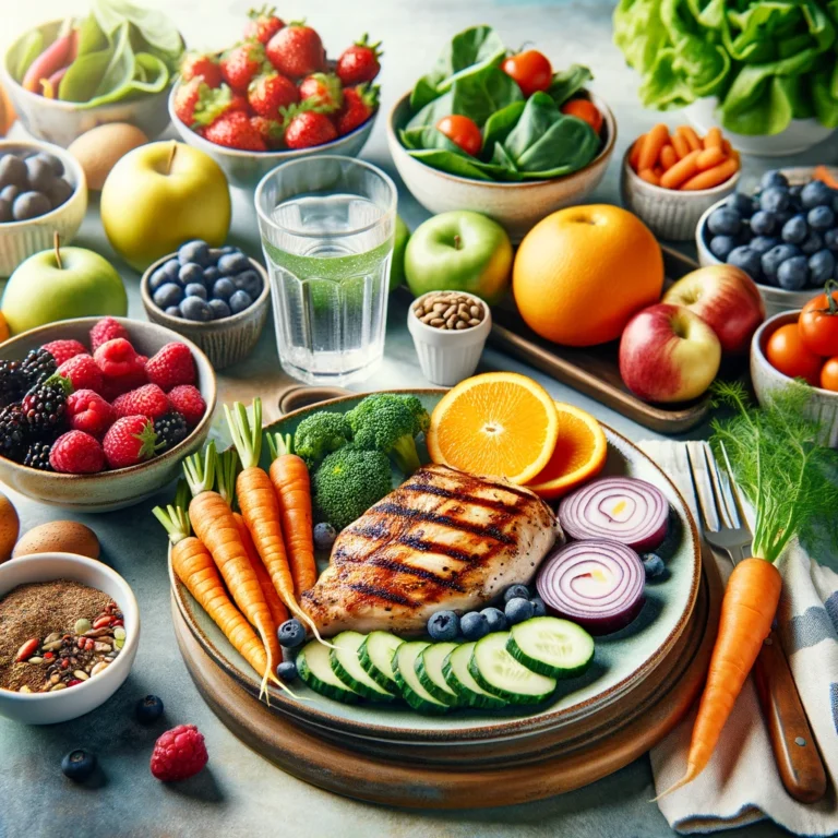 A well-balanced meal rich in essential vitamins and minerals for boosting the immune system, featuring colorful fruits, vegetables, and healthy proteins.