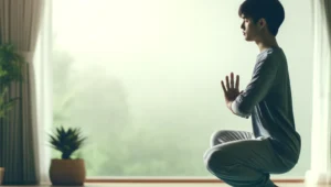 A beginner practicing yoga in a peaceful setting, demonstrating a basic yoga pose.
