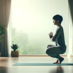 A beginner practicing yoga in a peaceful setting, demonstrating a basic yoga pose.