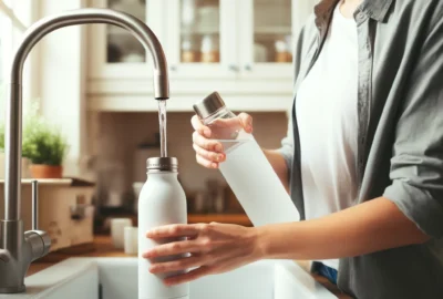 A person filling a reusable water bottle from a tap, symbolizing easy access to water for daily hydration.