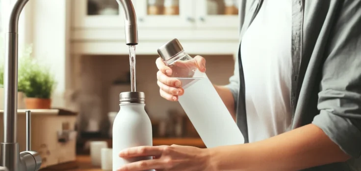 A person filling a reusable water bottle from a tap, symbolizing easy access to water for daily hydration.