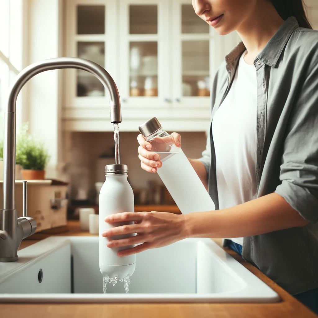 A person filling a reusable water bottle from a tap, symbolizing easy access to water for daily hydration.