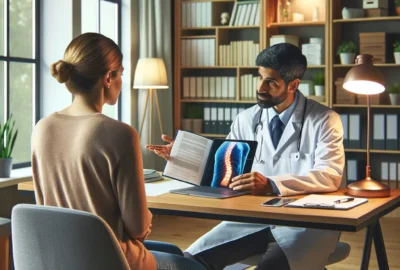 A person consulting with a doctor in a calm, welcoming medical office, discussing chronic pain management strategies.