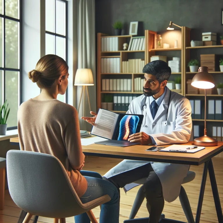 A person consulting with a doctor in a calm, welcoming medical office, discussing chronic pain management strategies.