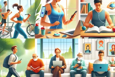 People listening to health and wellness podcasts on various devices