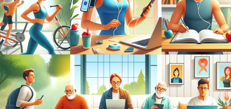 People listening to health and wellness podcasts on various devices