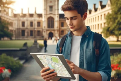 A student exploring a university campus map on a tablet, with iconic college buildings in the background, symbolizing the search for the best graduate program.