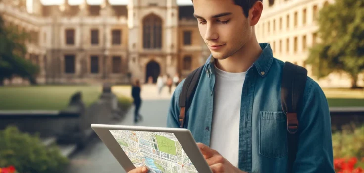 A student exploring a university campus map on a tablet, with iconic college buildings in the background, symbolizing the search for the best graduate program.