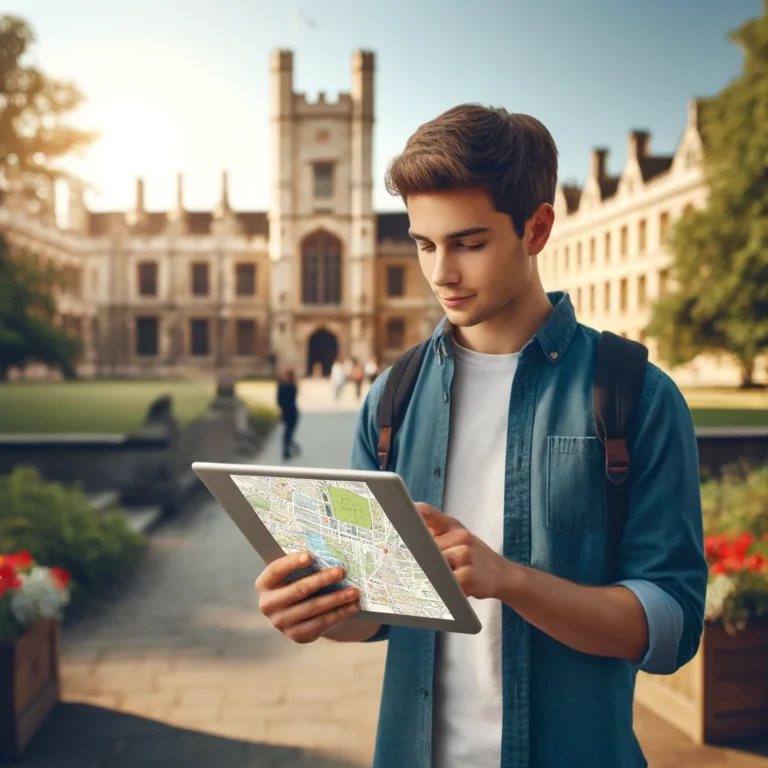 A student exploring a university campus map on a tablet, with iconic college buildings in the background, symbolizing the search for the best graduate program.