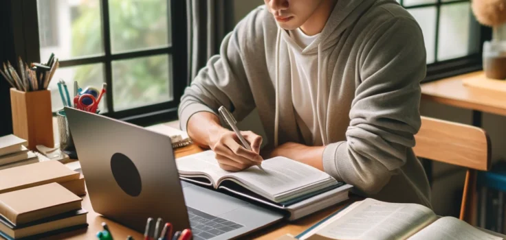 A student sitting at a well-organized study desk, reviewing notes and textbooks, with a laptop open to educational resources, embodying effective study habits for academic success.