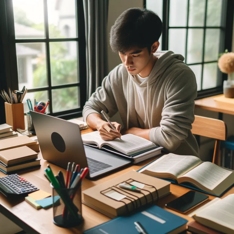 A student sitting at a well-organized study desk, reviewing notes and textbooks, with a laptop open to educational resources, embodying effective study habits for academic success.