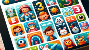 A variety of colorful and engaging educational apps displayed on a tablet, showing characters and interactive elements that attract children's attention.