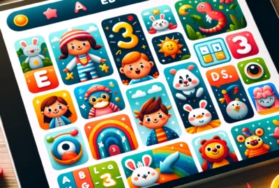 A variety of colorful and engaging educational apps displayed on a tablet, showing characters and interactive elements that attract children's attention.