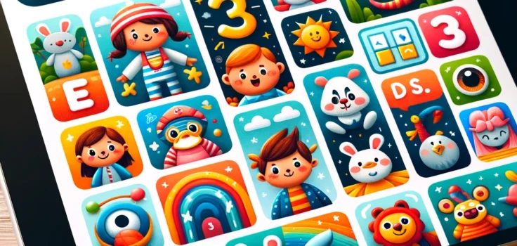 A variety of colorful and engaging educational apps displayed on a tablet, showing characters and interactive elements that attract children's attention.