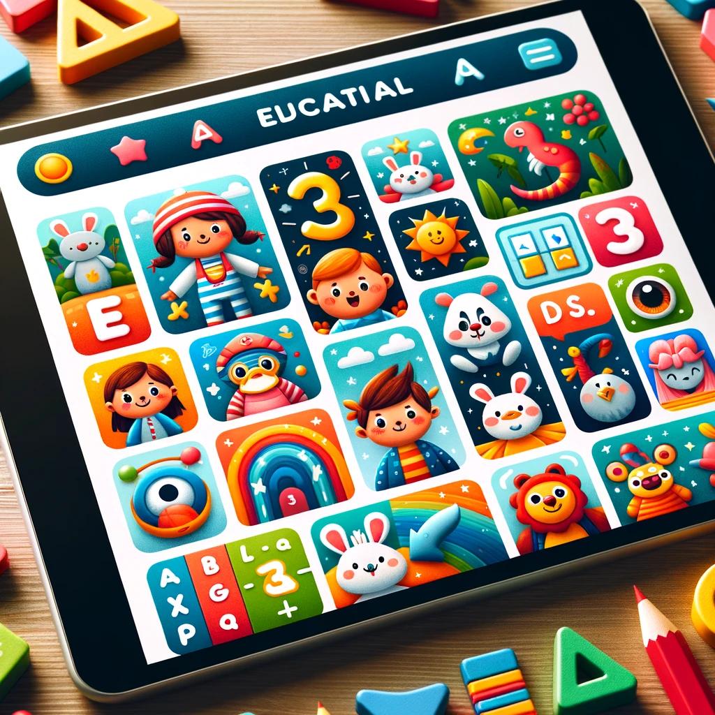 A variety of colorful and engaging educational apps displayed on a tablet, showing characters and interactive elements that attract children's attention.