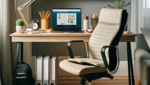 A student efficiently organizing their digital and physical study space, showing a well-lit, ergonomic setup with educational tools on the desk.