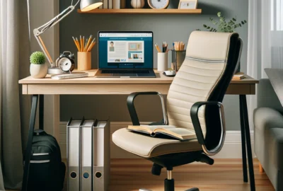 A student efficiently organizing their digital and physical study space, showing a well-lit, ergonomic setup with educational tools on the desk.