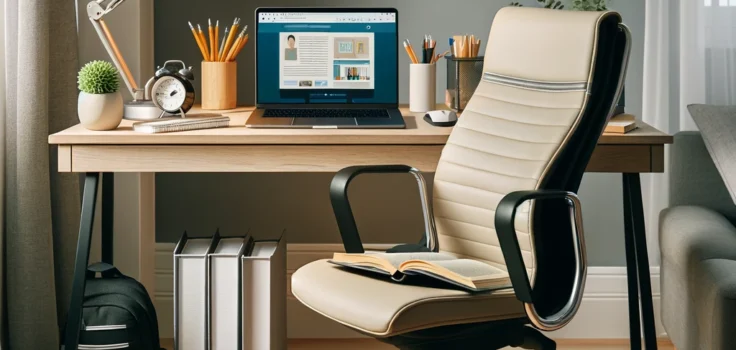 A student efficiently organizing their digital and physical study space, showing a well-lit, ergonomic setup with educational tools on the desk.